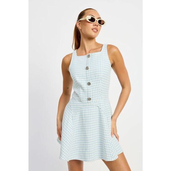EN SAISON Raelynn Dress houndstooth pattern Mini Dress Blue & White Size S NWT - Picture 2 of 7